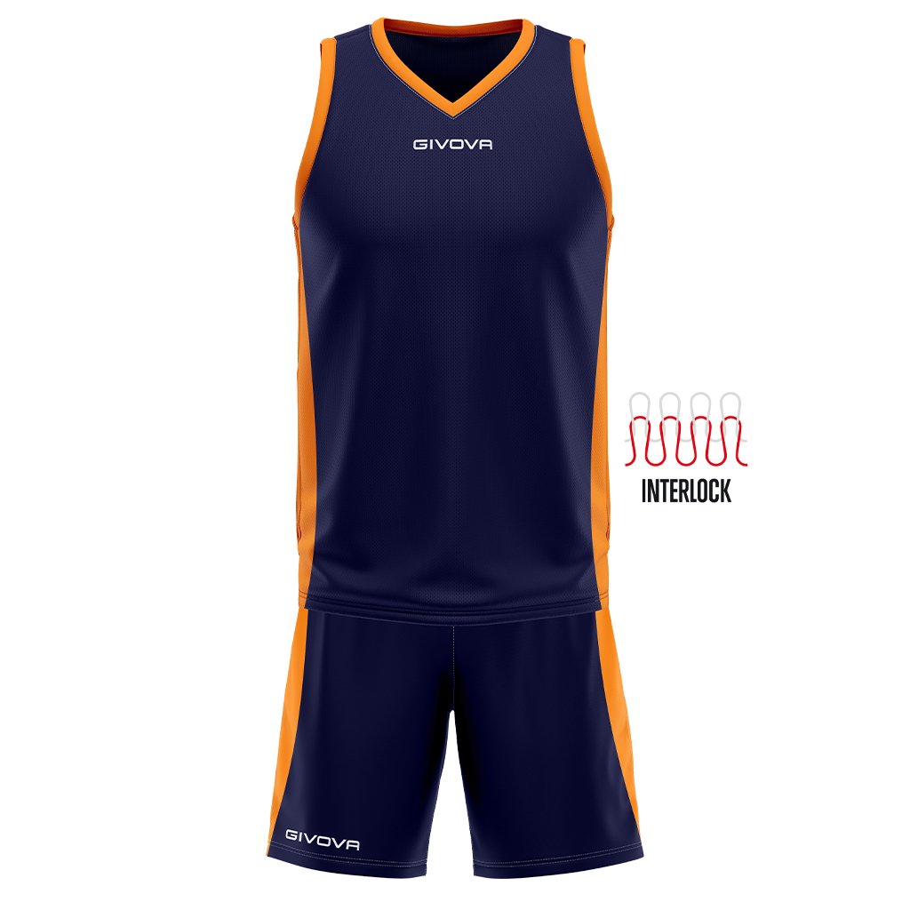 Ensemble de basketball GIVOVA POWER interlock KITB05 marine et orange, référence réelle du catalogue ELA SPORTS
