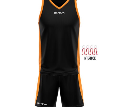 Ensemble de basketball GIVOVA POWER interlock KITB05 noir et orange (coloris 1001), maillot sans manches et short