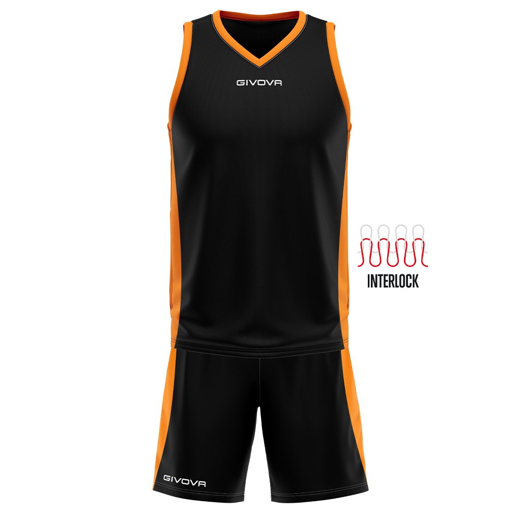 Ensemble de basketball GIVOVA POWER interlock KITB05 noir et orange (coloris 1001), maillot sans manches et short